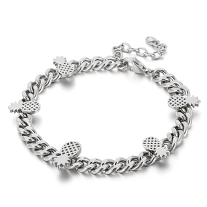 Silver stainless steel bracelet with five hollow pineapple charms and adjustable lobster clasp