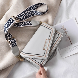 Chic light gray square crossbody bag with embroidered edges and ethnic jacquard strap