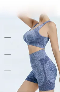 Detail view of blue heather yoga set showing breathable honeycomb fabric and athletic fit