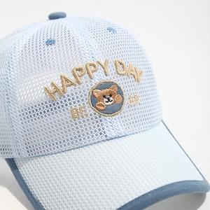 Breathable light blue mesh kids baseball cap featuring cute Happy Day Bear embroidery