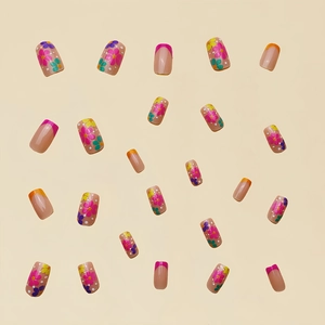 Short square press-on nails with floral patterns and French tips 24pcs set