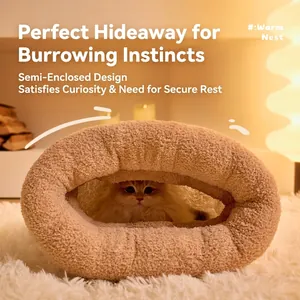 Cama semicerrada de felpa para gatos, nido cálido en forma de dona para el invierno
