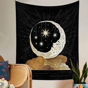 Detailed tapestry with gold sun and moon icons over a cozy rattan chair setting
