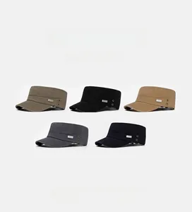 Detail of five cotton flat top army caps with metal eyelets and small side tags
