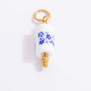 Blue floral ceramic cylinder pendant with 18k gold-plated metal caps for DIY jewelry