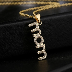 18K gold-plated MOM pendant necklace with sparkling zircons displayed in a black gift box