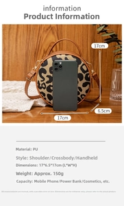 Detail view of round leopard print crossbody bag with dimensions and phone size comparison