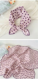 Pink cotton-linen scarf with purple heart patterns shown in a bow and flat lay style