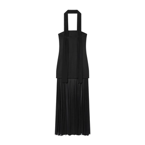 Elegantes schwarzes Neckholder-Maxikleid mit Mesh-Patchwork und einem Plissee-Rock