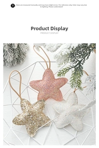 Three glittering star ornaments in pink, gold, and white for Christmas tree decoration