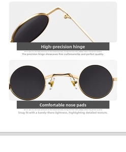 Macro shot of high-precision metal hinges and comfortable nose pads on round sunglasses