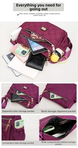 Detail of purple nylon crossbody bag showing spacious compartments for iPad and umbrella
