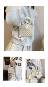 Detail showing multi-way wear styles of the handmade pearl beaded crossbody evening bag