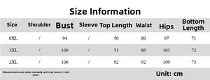 Size guide table for plus size summer set with measurements for 0XL to 2XL in cm