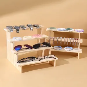 Multi-tier solid wood tiered display stand for jewelry, watches, and eyewear organizer