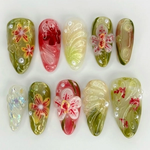 Press On Nails Long Almond 3D Embossed Flower Artificial Pearls Retro Elegant Floral Smudge Design ABS Plastic Manicure