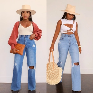 Damen High Waist Jeans Mit Weitem Bein Zerrissene Distressed Denim Washed Gerade Hose Streetwear Casual