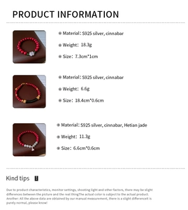 Detailed view of three S925 silver cinnabar and Hetian jade bracelets with specifications