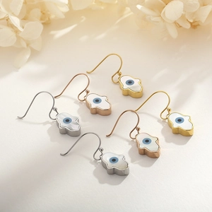 Hamsa Hand Evil Eye hook earrings in gold, silver, and rose gold finishes