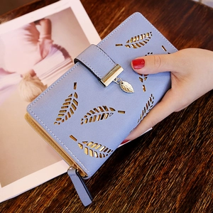 Sky blue long women's wallet with hollow leaf design and gold metal pendant accent