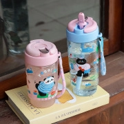 Detail of cute panda and cat pattern plastic water bottles with colorful straps on a book