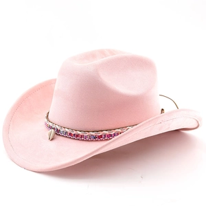 Detail view of pink suede western cowboy hat with colorful woven band and shell charm