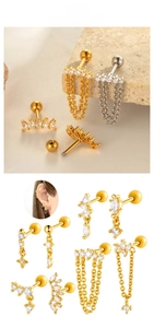 Detailed view of titanium steel stud earrings set with chains and zircon in gold and silver