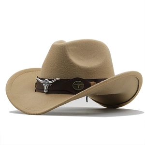 Classic camel wool western cowboy hat with longhorn skull leather band and upturned brim