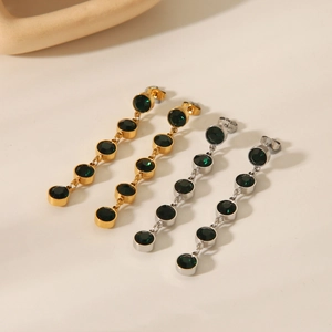 18K gold stainless steel dangle earrings featuring five dark green circular gemstones