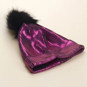 Berretto In Maglia Metallizzata Da Donna Inverno Caldo Pompon In Pelliccia Sintetica A Coste Luccicante Accessorio Moda