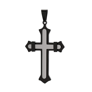 Dual-tone black and silver cross pendant necklace for men in polished stainless steel