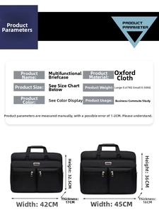 Size chart showing large and small Oxford waterproof business briefcases and dimensions