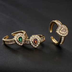 Retro Water Drop Geometric Open Ring Women Copper Gold Plated Cubic Zirconia Pear Shape Adjustable Elegant Jewelry