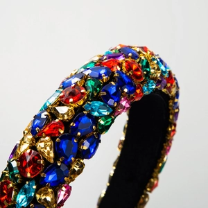 Baroque style sponge headband with vibrant multicolor rhinestones and velvet lining