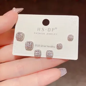 Three-piece set of square zircon stud earrings with S925 silver needles for women