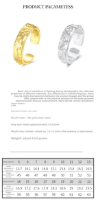 Size chart for irregular 925 sterling silver rings with dimensions and diameter data