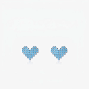 Retro Pixel Heart Stud Earrings 925 Sterling Silver Blue Cubic Zirconia Fashion Jewelry Women
