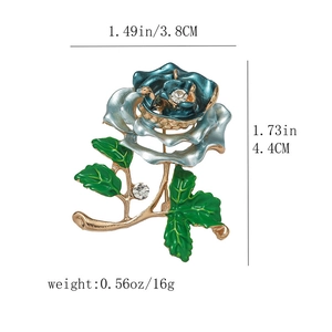 Detailed view of enamel rose brooch with dimensions 3.8cm x 4.4cm and weight 16g