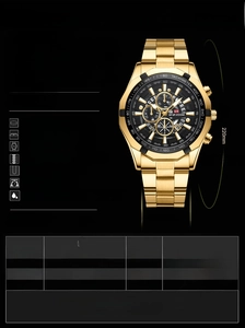 Detailed specs of gold men's quartz watch with 46.5mm case and luminous steel band