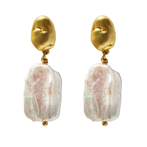 Vintage French baroque pearl drop earrings with irregular gold plated metal studs
