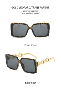 Detailed view of leopard print sunglasses with elegant gold chain temples and dark lenses