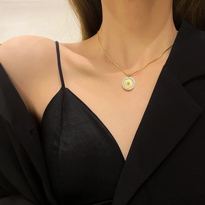Minimalist titanium steel gold necklace with sparkling crystal round pendant for women