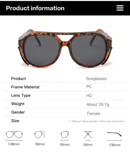 Detailed size chart and specifications for women's leopard print HD polarized sunglasses