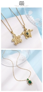 Macro view of gold-plated sea turtle pendant showing zircon inlay and hollow-out back