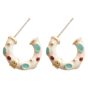 Chic cream C-shaped enamel earrings with red and blue accents in a gold-tone finish
