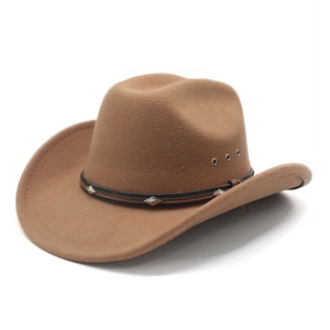 Classic tan felt wool cowboy hat with black leather studded band and wide curved brim