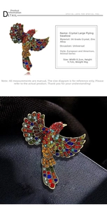 Detailed close-up of a large hummingbird brooch featuring colorful 3A rhinestones and zinc alloy