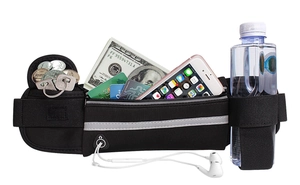 Detail view of sports waist bag with bottle holder, headphone port and reflective strip