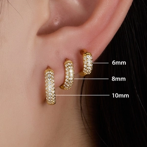 Detailed view of 6mm, 8mm, 10mm gold 925 sterling silver hoop earrings with zircon