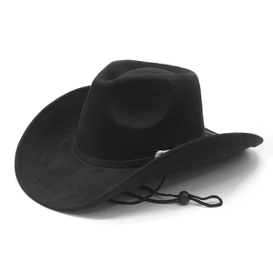 Classic black faux suede cowboy hat with wide brim, chin strap, and metal buckle accents